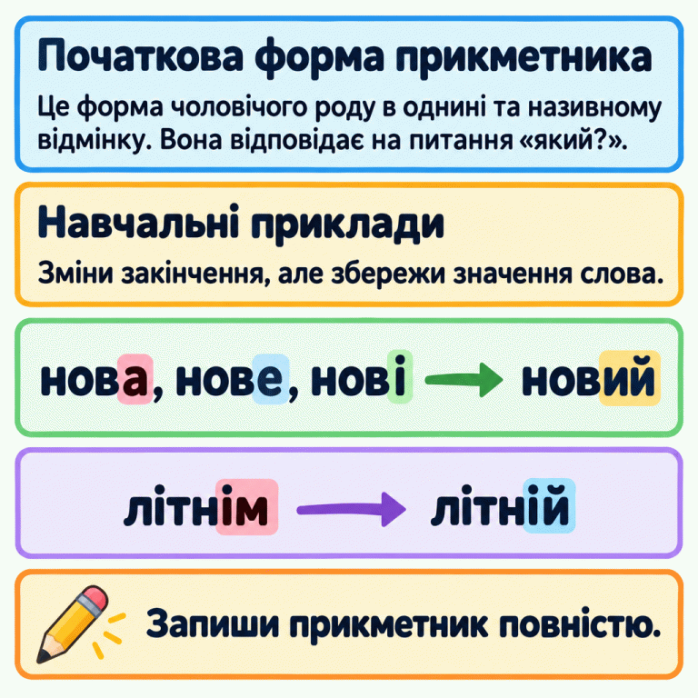 Початкова форма прикметника — чоловічий рід, однина, називний відмінок, питання «який?». Навчальні приклади: форми «нова, нове, нові» переходять у «новий», а «літнім» — у «літній». Стрілки показують перетворення, виділені закінчення допомагають побачити зміну форми без зміни значення слова. Запиши прикметник повністю. Початкова форма прикметника: Це форма чоловічого роду в однині та називному відмінку. Вона відповідає на питання «який?». Навчальні приклади: Зміни закінчення, але збережи значення слова. Запиши прикметник повністю. нова, нове, нові новий літнім літній