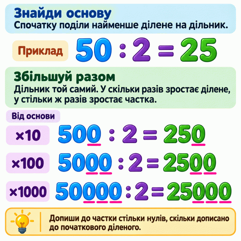 Навчальний приклад: 50 : 2 = 25, 500 : 2 = 250, 5000 : 2 = 2500, 50000 : 2 = 25000. Від початкових 50 і 25 ділене й частка збільшуються у 10, 100 та 1000 разів, а дільник 2 не змінюється. До частки дописують стільки нулів, скільки дописано до початкового діленого. Початковий нуль у числі 50 не рахують як новий. Знайди основу: Спочатку поділи найменше ділене на дільник. Збільшуй разом: Дільник той самий. У скільки разів зростає ділене, у стільки ж разів зростає частка. Допиши до частки стільки нулів, скільки дописано до початкового діленого. Приклад 50 : 2 = 25 Від основи ×10 500 : 2 = 250 ×100 5000 : 2 = 2500 ×1000 50000 : 2 = 25000