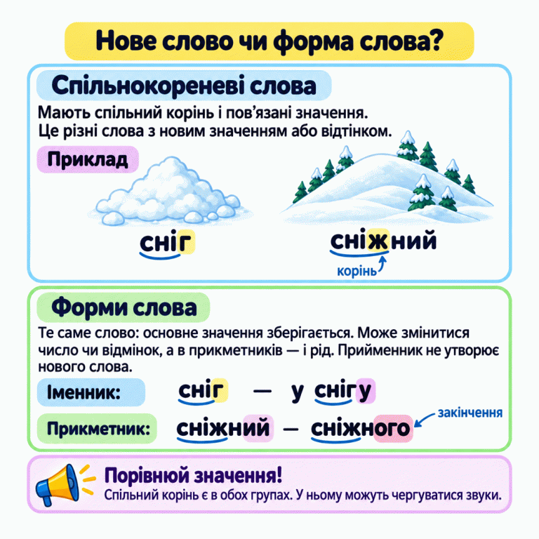 Картка пояснює різницю між спільнокореневими словами та формами одного слова. У навчальному прикладі «сніг» називає речовину, а «сніжний» — ознаку засніженого пагорба: це різні споріднені слова. Пари «сніг — у снігу» та «сніжний — сніжного» показують форми зі збереженим основним значенням. Позначено корені та закінчення; у корені видно чергування г і ж. Прийменник у написано окремо. Щоб розрізнити групи, потрібно порівнювати значення, а не лише корінь. Нове слово чи форма слова? Спільнокореневі слова: Мають спільний корінь і пов’язані значення. Це різні слова з новим значенням або відтінком. Форми слова: Те саме слово: основне значення зберігається. Може змінитися число чи відмінок, а в прикметників — і рід. Прийменник не утворює нового слова. Порівнюй значення! Спільний корінь є в обох групах. У ньому можуть чергуватися звуки. Приклад сніг сніжний у снігу сніжного корінь закінчення Іменник: — Прикметник: —