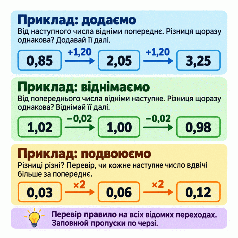 Три навчальні приклади. Додавання: 0,85, 2,05, 3,25 — щоразу додаємо 1,20. Віднімання: 1,02, 1,00, 0,98 — щоразу віднімаємо 0,02. Подвоєння: 0,03, 0,06, 0,12 — щоразу множимо на два. Пояснення навчає знаходити різниці сусідніх чисел, перевіряти подвоєння та застосовувати знайдене правило до наступних пропусків. Приклад: додаємо: Від наступного числа відніми попереднє. Різниця щоразу однакова? Додавай її далі. Приклад: віднімаємо: Від попереднього числа відніми наступне. Різниця щоразу однакова? Віднімай її далі. Приклад: подвоюємо: Різниці різні? Перевір, чи кожне наступне число вдвічі більше за попереднє. Перевір правило на всіх відомих переходах. Заповнюй пропуски по черзі. 0,85 2,05 3,25 +1,20 1,02 1,00 0,98 −0,02 0,03 0,06 0,12 ×2