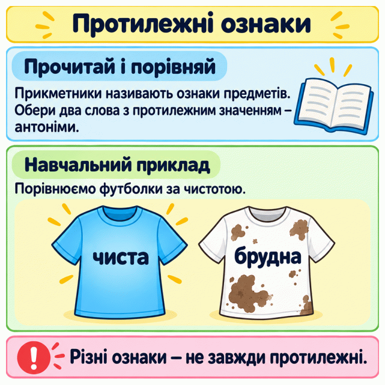 Картка пояснює, як обрати два прикметники з протилежним значенням. У навчальному прикладі футболка без бруду має напис «чиста», а футболка зі слідами бруду — «брудна». Порівнюється одна властивість — чистота. Різні ознаки — не завжди протилежні. Протилежні ознаки Прочитай і порівняй: Прикметники називають ознаки предметів. Обери два слова з протилежним значенням — антоніми. Навчальний приклад: Порівнюємо футболки за чистотою. Різні ознаки — не завжди протилежні. чиста брудна !