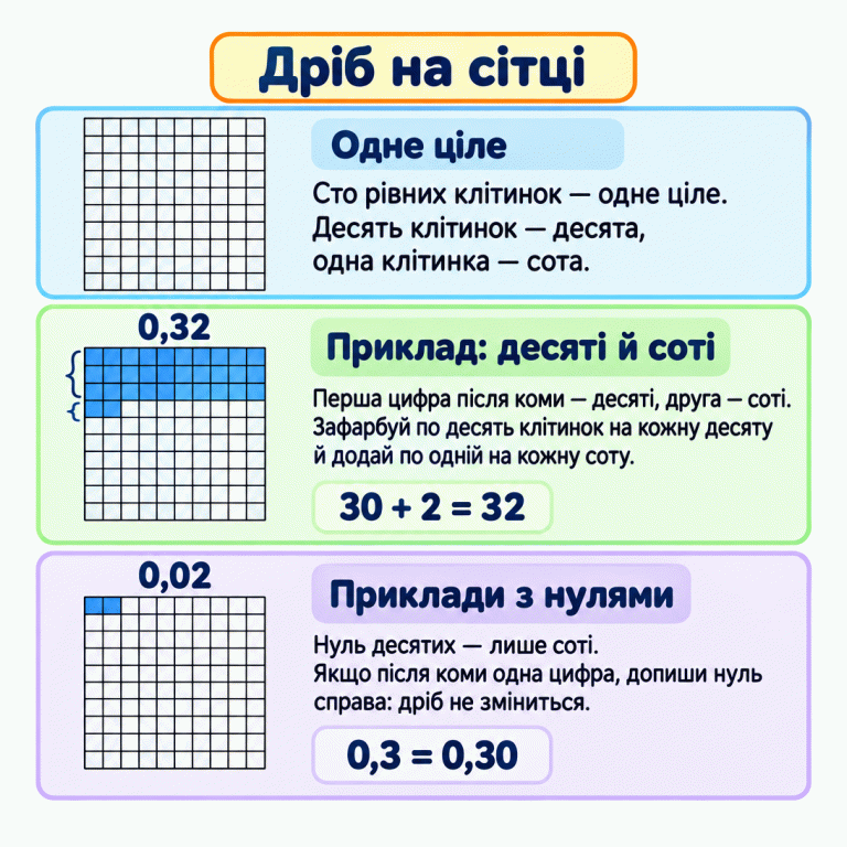 Картка пояснює десяті й соті на сітках зі ста рівних клітинок. Десять клітинок — одна десята, одна клітинка — одна сота. Для прикладу 0,32 зафарбовано три повні рядки та ще дві клітинки: 30 + 2 = 32. Для 0,02 зафарбовано лише дві клітинки. Рівність 0,3 = 0,30 показує, що нуль у кінці десяткового дробу не змінює його значення. Дріб на сітці Одне ціле: Сто рівних клітинок — одне ціле. Десять клітинок — десята, одна клітинка — сота. Приклад: десяті й соті: Перша цифра після коми — десяті, друга — соті. Зафарбуй по десять клітинок на кожну десяту й додай по одній на кожну соту. Приклади з нулями: Нуль десятих — лише соті. Якщо після коми одна цифра, допиши нуль справа: дріб не зміниться. 0,32 30 + 2 = 32 0,02 0,3 = 0,30
