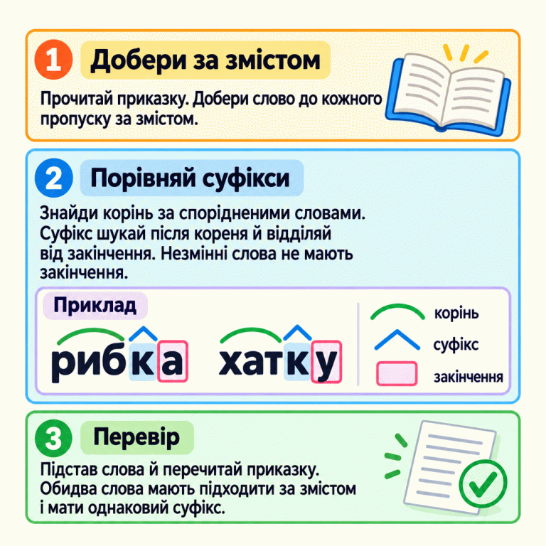 Щоб доповнити приказку, добери слова за змістом, порівняй їхні суфікси й перечитай вислів. У навчальному прикладі «рибка» має корінь «риб», суфікс «к» і закінчення «а», а «хатку» — корінь «хат», суфікс «к» і закінчення «у». Суфікси однакові, хоча корені та закінчення різні. Незмінні слова не мають закінчення. Добери за змістом: Прочитай приказку. Добери слово до кожного пропуску за змістом. Порівняй суфікси: Знайди корінь за спорідненими словами. Суфікс шукай після кореня й відділяй від закінчення. Незмінні слова не мають закінчення. Перевір: Підстав слова й перечитай приказку. Обидва слова мають підходити за змістом і мати однаковий суфікс. Приклад рибка хатку корінь суфікс закінчення 1 2 3 ✓