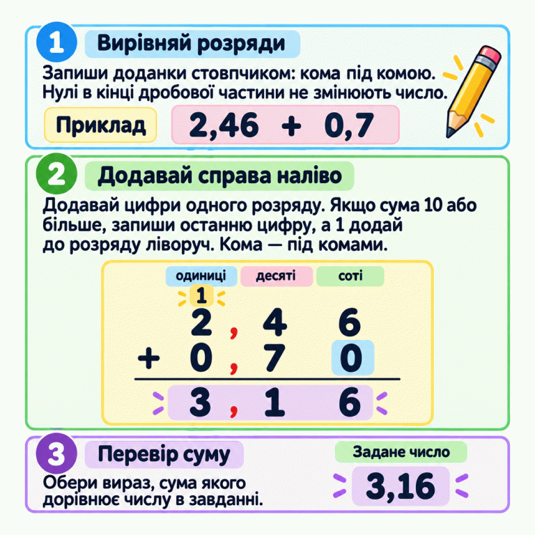 Навчальний приклад додавання 2,46 і 0,7. У стовпчику другий доданок записано як 0,70, а коми вирівняно. Підписані розряди одиниць, десятих і сотих. Після додавання десятих одну одиницю перенесено ліворуч. Отримана сума 3,16 збігається із заданим числом цього прикладу. Інструкції пояснюють вирівнювання розрядів, додавання справа наліво та перевірку суми. Вирівняй розряди: Запиши доданки стовпчиком: кома під комою. Нулі в кінці дробової частини не змінюють число. Додавай справа наліво: Додавай цифри одного розряду. Якщо сума 10 або більше, запиши останню цифру, а 1 додай до розряду ліворуч. Кома — під комами. Перевір суму: Обери вираз, сума якого дорівнює числу в завданні. Приклад 2,46 + 0,7 одиниці десяті соті 0,70 1 3,16 Задане число 1 2 3