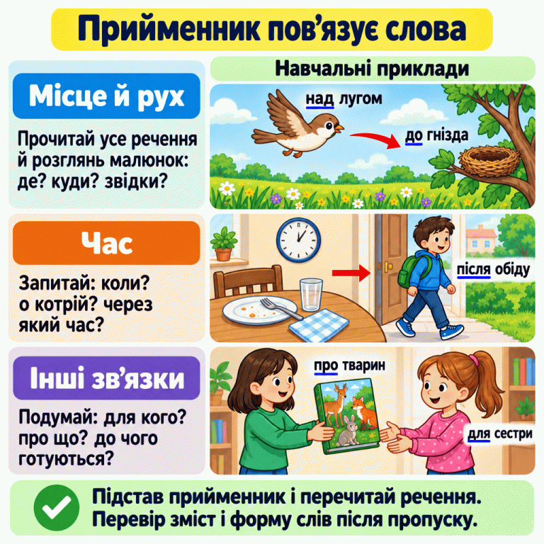 Пам’ятка про добір прийменника. Три розділи пропонують з’ясувати місце й рух, час та інші зв’язки: для кого, про що, до чого готуються. У навчальних прикладах пташка летить над лугом до гнізда, дитина виходить після обіду, а книжку про тварин передають сестрі. Унизу — порада підставити прийменник, перечитати речення та перевірити зміст і форму слів після пропуску. Прийменник пов’язує слова Місце й рух: Прочитай усе речення й розглянь малюнок: де? куди? звідки? Час: Запитай: коли? о котрій? через який час? Інші зв’язки: Подумай: для кого? про що? до чого готуються? Підстав прийменник і перечитай речення. Перевір зміст і форму слів після пропуску. Навчальні приклади над лугом до гнізда після обіду для сестри про тварин ✓