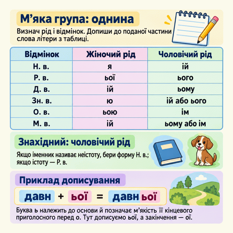 Таблиця літер для дописування до прикметників м’якої групи в однині. Рядки: називний, родовий, давальний, знахідний, орудний і місцевий відмінки. Жіночий рід: я, ьої, ій, ю, ьою, ій. Чоловічий рід: ій, ього, ьому, ій або ього, ім, ьому або ім. У чоловічому знахідному для назви неістоти беруть форму називного, для назви істоти — родового. Приклад: давн + ьої = давньої. Буква ь належить до основи й позначає м’якість її кінцевого приголосного перед о. У прикладі дописують ьої, а закінчення — ої. М’яка група: однина: Визнач рід і відмінок. Допиши до поданої частини слова літери з таблиці. Знахідний: чоловічий рід: Якщо іменник називає неістоту, бери форму Н. в.; якщо істоту — Р. в. Приклад дописування: Буква ь належить до основи й позначає м’якість її кінцевого приголосного перед о. Тут дописуємо ьої, а закінчення — ої. Відмінок Жіночий рід Чоловічий рід Н. в. Р. в. Д. в. Зн. в. О. в. М. в. я
ьої
ій
ю
ьою
ій ій
ього
ьому
ій або ього
ім
ьому або ім давн + ьої = давньої