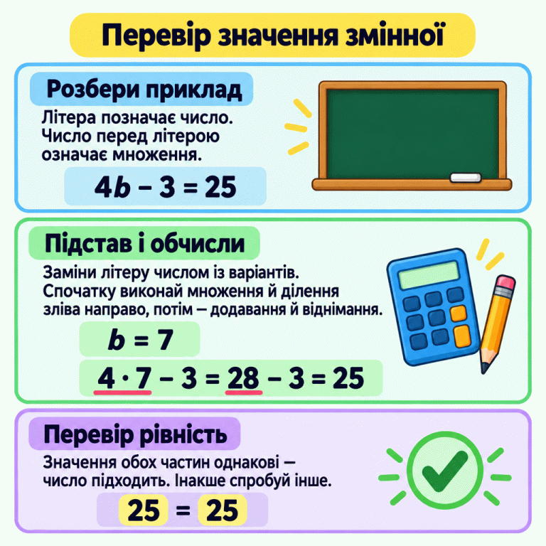 Картка пояснює перевірку значення змінної підстановкою. У навчальному прикладі 4b − 3 = 25 замість b підставляють 7: 4 · 7 − 3 = 28 − 3 = 25. Перевірка 25 = 25 підтверджує, що для цього прикладу число підходить. Спочатку виконують множення й ділення, потім додавання й віднімання; якщо рівність не виконується, пробують інше число. Перевір значення змінної Розбери приклад: Літера позначає число. Число перед літерою означає множення. Підстав і обчисли: Заміни літеру числом із варіантів. Спочатку виконай множення й ділення зліва направо, потім — додавання й віднімання. Перевір рівність: Значення обох частин однакові — число підходить. Інакше спробуй інше. 4b − 3 = 25 b = 7 4 · 7 − 3 = 28 − 3 = 25 25 = 25 ✓