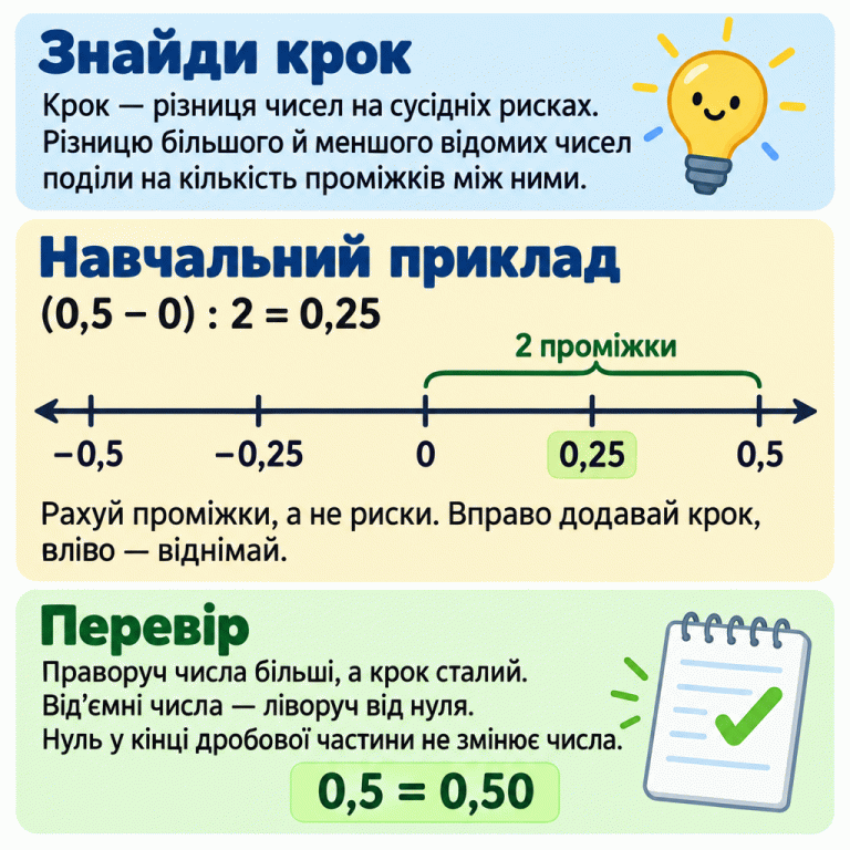 Картка пояснює, як знайти крок числової прямої та заповнити пропуски. У навчальному прикладі зліва направо позначено −0,5; −0,25; 0; 0,25; 0,5. Від нуля до 0,5 є два проміжки, тому крок дорівнює (0,5 − 0) : 2 = 0,25. Підпис 0,25 виділено як знайдене значення. Праворуч крок додають, ліворуч віднімають. Від’ємні числа лежать ліворуч від нуля. Рівність 0,5 = 0,50 показує, що кінцевий нуль у дробовій частині не змінює числа. Знайди крок: Крок — різниця чисел на сусідніх рисках. Різницю більшого й меншого відомих чисел поділи на кількість проміжків між ними. Навчальний приклад: Рахуй проміжки, а не риски. Вправо додавай крок, вліво — віднімай. Перевір: Праворуч числа більші, а крок сталий. Від’ємні числа — ліворуч від нуля. Нуль у кінці дробової частини не змінює числа. (0,5 − 0) : 2 = 0,25 −0,5 −0,25 0,25 0,5 2 проміжки 0,5 = 0,50 ✓