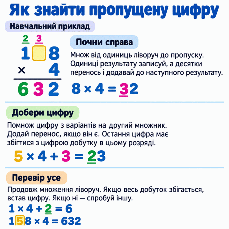 Навчальний приклад: у множенні стовпчиком 1□8 на 4 відомий добуток 632, а пропуск стоїть у десятках. Спочатку 8 × 4 = 32: в одиницях маємо 2, до десятків переносимо 3. Перевіряємо цифру 5: 5 × 4 + 3 = 23. Цифра десятків 3 збігається, до сотень переносимо 2. Далі 1 × 4 + 2 = 6. Повна перевірка 158 × 4 = 632 підтверджує вибір 5 саме в цьому прикладі. У кожному завданні потрібно добирати свою цифру та перевіряти весь добуток. Як знайти пропущену цифру Почни справа: Множ від одиниць ліворуч до пропуску. Одиниці результату записуй, а десятки перенось і додавай до наступного результату. Добери цифру: Помнож цифру з варіантів на другий множник. Додай перенос, якщо він є. Остання цифра має збігтися з цифрою добутку в цьому розряді. Перевір усе: Продовж множення ліворуч. Якщо весь добуток збігається, встав цифру. Якщо ні — спробуй іншу. Навчальний приклад 1□8 × 4 632 3 2 8 × 4 = 32 5 × 4 + 3 = 23 1 × 4 + 2 = 6 158 × 4 = 632