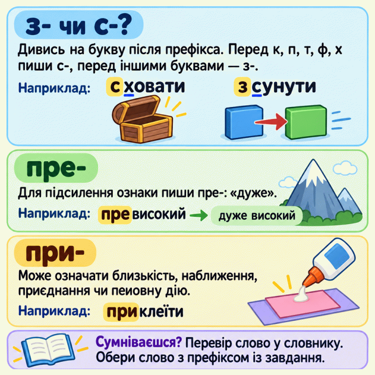 Пам’ятка про вибір префіксів. Перед к, п, т, ф, х пишемо с-, перед іншими буквами — з-. У «сховати» після префікса стоїть х, у «зсунути» — с. Для підсилення ознаки використовуємо пре-: превисокий означає дуже високий. При- може означати близькість, наближення, приєднання чи неповну дію. Приклад приєднання — приклеїти. Сумнівне написання перевіряємо у словнику, а потім обираємо слово з префіксом із завдання. з- чи с-?: Дивись на букву після префікса. Перед к, п, т, ф, х пиши с-, перед іншими буквами — з-. пре-: Для підсилення ознаки пиши пре-: «дуже». при-: Може означати близькість, наближення, приєднання чи неповну дію. Сумніваєшся? Перевір слово у словнику. Обери слово з префіксом із завдання. Наприклад: сховати зсунути превисокий дуже високий приклеїти