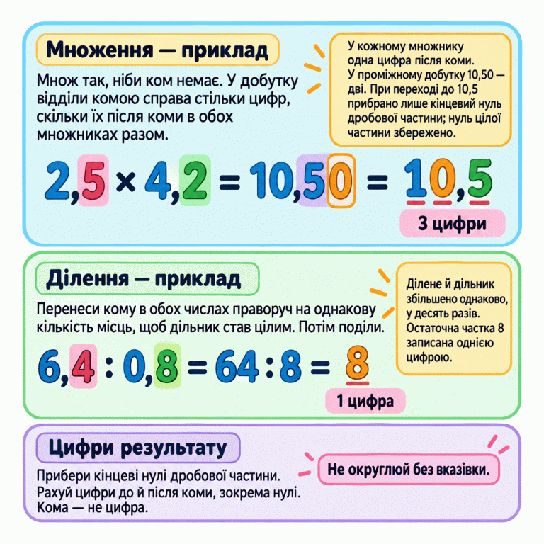 Картка пояснює обчислення й підрахунок цифр у результаті. Навчальний приклад множення: 2,5 × 4,2 = 10,50 = 10,5; остаточний результат має три цифри, включно з нулем. Навчальний приклад ділення: 6,4 : 0,8 = 64 : 8 = 8; результат має одну цифру. Кінцеві нулі дробової частини прибирають, інші нулі рахують. Кома не є цифрою. Без вказівки результат не округлюють. Множення — приклад: Множ так, ніби ком немає. У добутку відділи комою справа стільки цифр, скільки їх після коми в обох множниках разом. Ділення — приклад: Перенеси кому в обох числах праворуч на однакову кількість місць, щоб дільник став цілим. Потім поділи. Цифри результату: Прибери кінцеві нулі дробової частини. Рахуй цифри до й після коми, зокрема нулі. Кома — не цифра. Не округлюй без вказівки. 2,5 × 4,2 = 10,50 = 10,5 3 цифри 6,4 : 0,8 = 64 : 8 = 8 1 цифра У кожному множнику одна цифра після коми. У проміжному добутку 10,50 — дві. При переході до 10,5 прибрано лише кінцевий нуль дробової частини; нуль цілої частини збережено. Ділене й дільник збільшено однаково, у десять разів. Остаточна частка 8 записана однією цифрою.