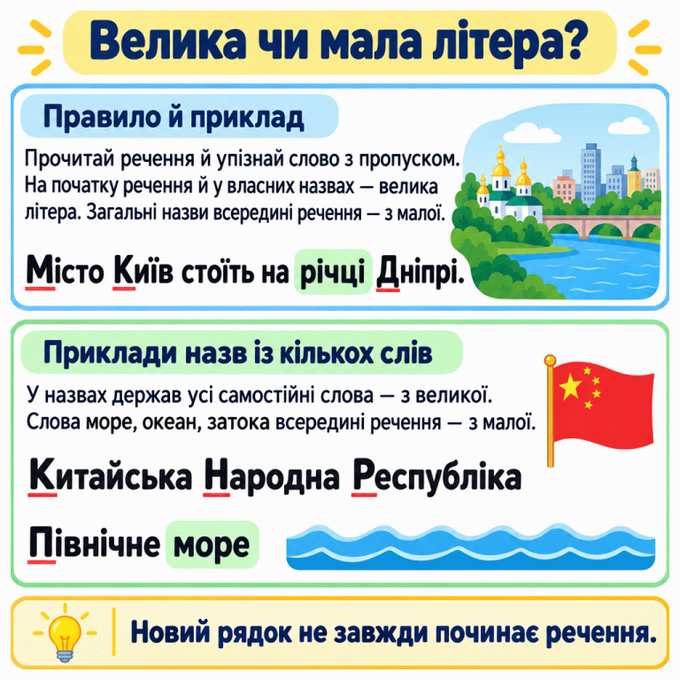 Пам’ятка про вибір великої та малої літери. Спочатку потрібно прочитати речення й упізнати слово з пропуском. У прикладі «Місто Київ стоїть на річці Дніпрі.» перше слово Місто та власні назви Київ і Дніпрі починаються з великих літер, а загальне слово річці — з малої. У назві Китайська Народна Республіка кожне слово починається з великої. У назві Північне море слово море написане з малої. Новий рядок не завжди починає речення. Велика чи мала літера? Правило й приклад: Прочитай речення й упізнай слово з пропуском. На початку речення й у власних назвах — велика літера. Загальні назви всередині речення — з малої. Приклади назв із кількох слів: У назвах держав усі самостійні слова — з великої. Слова море, океан, затока всередині речення — з малої. Новий рядок не завжди починає речення. Місто Київ стоїть на річці Дніпрі. Китайська Народна Республіка Північне море