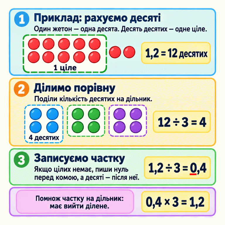 Навчальний приклад ділення 1,2 на 3. Кожен жетон позначає одну десяту. Десять жетонів утворюють одне ціле, ще два дають загалом дванадцять десятих. Їх ділять на три рівні групи по чотири десятих. Частка — 0,4: нуль цілих і чотири десятих. Перевірка: 0,4, помножене на 3, дорівнює 1,2. Приклад: рахуємо десяті: Один жетон — одна десята. Десять десятих — одне ціле. Ділимо порівну: Поділи кількість десятих на дільник. Записуємо частку: Якщо цілих немає, пиши нуль перед комою, а десяті — після неї. Помнож частку на дільник: має вийти ділене. 1 ціле 1,2 = 12 десятих 12 ÷ 3 = 4 4 десятих 1,2 ÷ 3 = 0,4 0,4 × 3 = 1,2 1 2 3