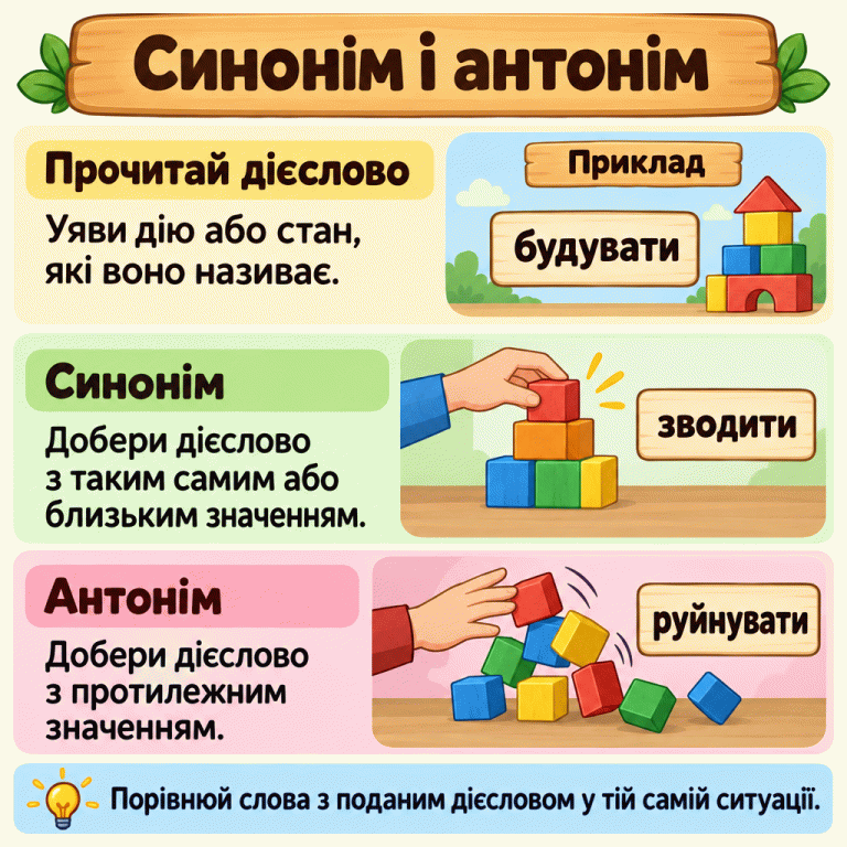 Картка пояснює добір синоніма й антоніма до дієслова. Спочатку треба уявити названу дію або стан. Синонім має таке саме або близьке значення, антонім — протилежне. У навчальному прикладі до «будувати» подано синонім «зводити» зі сценою створення вежі та антонім «руйнувати» зі сценою її розвалювання. Слова порівнюють із поданим дієсловом у тій самій ситуації. Синонім і антонім Прочитай дієслово: Уяви дію або стан, які воно називає. Синонім: Добери дієслово з таким самим або близьким значенням. Антонім: Добери дієслово з протилежним значенням. Порівнюй слова з поданим дієсловом у тій самій ситуації. Приклад будувати зводити руйнувати