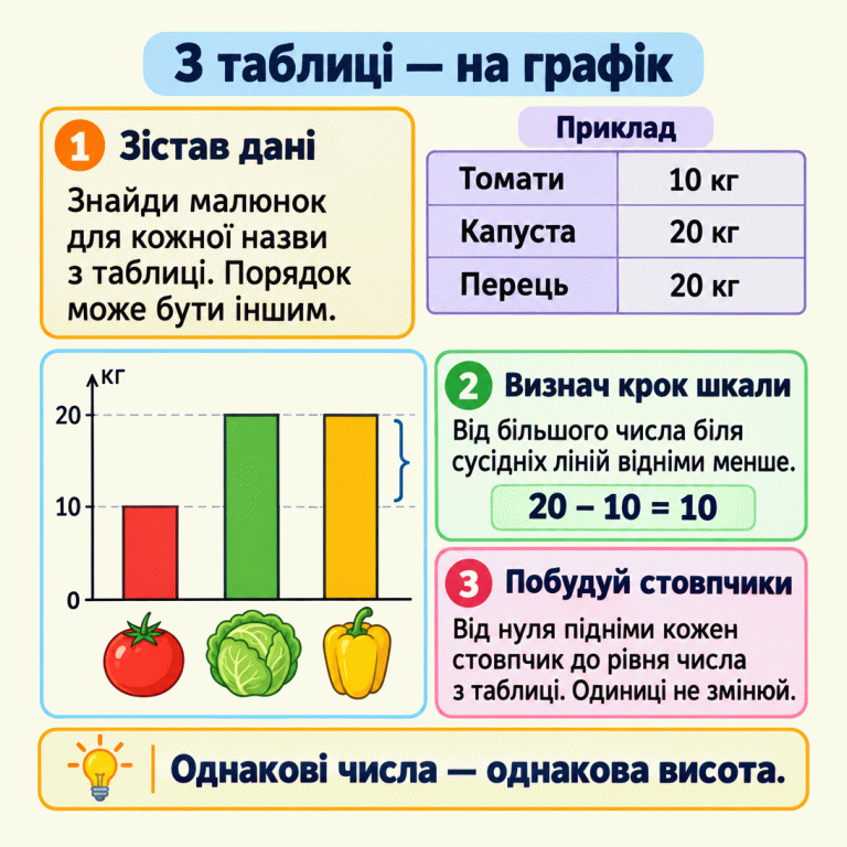 Картка пояснює, як перенести дані таблиці на вертикальний стовпчастий графік. Треба зіставити назви з малюнками, визначити крок шкали й підняти кожен стовпчик від нуля до потрібного значення, не змінюючи одиниць. У навчальному прикладі томати мають масу 10 кг, капуста й перець — по 20 кг. Шкала має рівні 0, 10 і 20 кг; її крок показано обчисленням 20 − 10 = 10. Стовпчик томатів нижчий, а стовпчики капусти й перцю однакової висоти. З таблиці — на графік Зістав дані: Знайди малюнок для кожної назви з таблиці. Порядок може бути іншим. Визнач крок шкали: Від більшого числа біля сусідніх ліній відніми менше. Побудуй стовпчики: Від нуля підніми кожен стовпчик до рівня числа з таблиці. Одиниці не змінюй. Однакові числа — однакова висота. Приклад Томати Капуста Перець 10 кг 20 кг кг 10 20 20 − 10 = 10 1 2 3