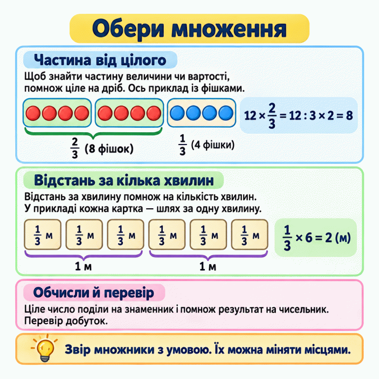 Два навчальні приклади множення дробу на ціле число. Дванадцять фішок поділено на три групи по чотири; вибрано дві групи, тобто вісім фішок — дві третіх цілого. Шість карток по третині метра показують шлях за шість хвилин. Кожні три картки дають один метр, разом — два метри. Для обчислення ціле число ділять на знаменник і множать результат на чисельник. Множники звіряють з умовою та перевіряють добуток. Множники можна міняти місцями. Обери множення Частина від цілого: Щоб знайти частину величини чи вартості, помнож ціле на дріб. Ось приклад із фішками. Відстань за кілька хвилин: Відстань за хвилину помнож на кількість хвилин. У прикладі кожна картка — шлях за одну хвилину. Обчисли й перевір: Ціле число поділи на знаменник і помнож результат на чисельник. Перевір добуток. Звір множники з умовою. Їх можна міняти місцями. 12 × 2/3 = 12 : 3 × 2 = 8 1/3 м 1 м 1/3 × 6 = 2 (м) 2/3 (8 фішок) 1/3 (4 фішки)