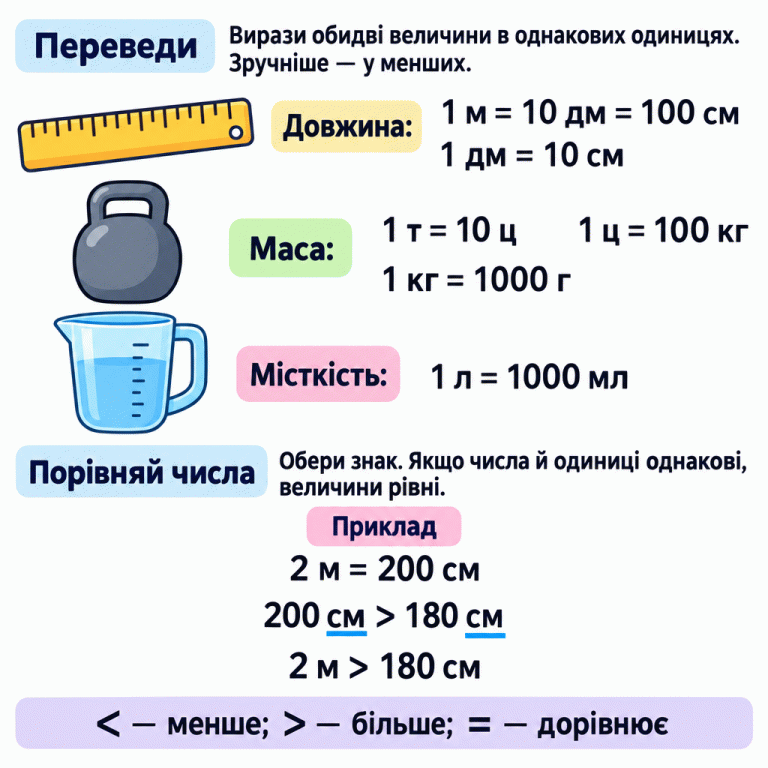 Пам’ятка про порівняння довжини, маси й місткості. Спочатку вирази обидві величини в однакових, зручніше менших, одиницях. Співвідношення: 1 м = 10 дм = 100 см; 1 дм = 10 см; 1 т = 10 ц; 1 ц = 100 кг; 1 кг = 1000 г; 1 л = 1000 мл. Потім порівняй числа й обери знак. Якщо числа й одиниці однакові, величини рівні. Навчальний приклад: 2 м = 200 см; 200 см > 180 см; отже, 2 м > 180 см. Знак < означає «менше», > — «більше», = — «дорівнює». Переведи: Вирази обидві величини в однакових одиницях. Зручніше — у менших. Порівняй числа: Обери знак. Якщо числа й одиниці однакові, величини рівні. 1 м = 10 дм = 100 см 1 дм = 10 см 1 т = 10 ц 1 ц = 100 кг 1 кг = 1000 г 1 л = 1000 мл Приклад 2 м = 200 см 200 см > 180 см 2 м > 180 см < — менше; > — більше; = — дорівнює Довжина: Маса: Місткість: