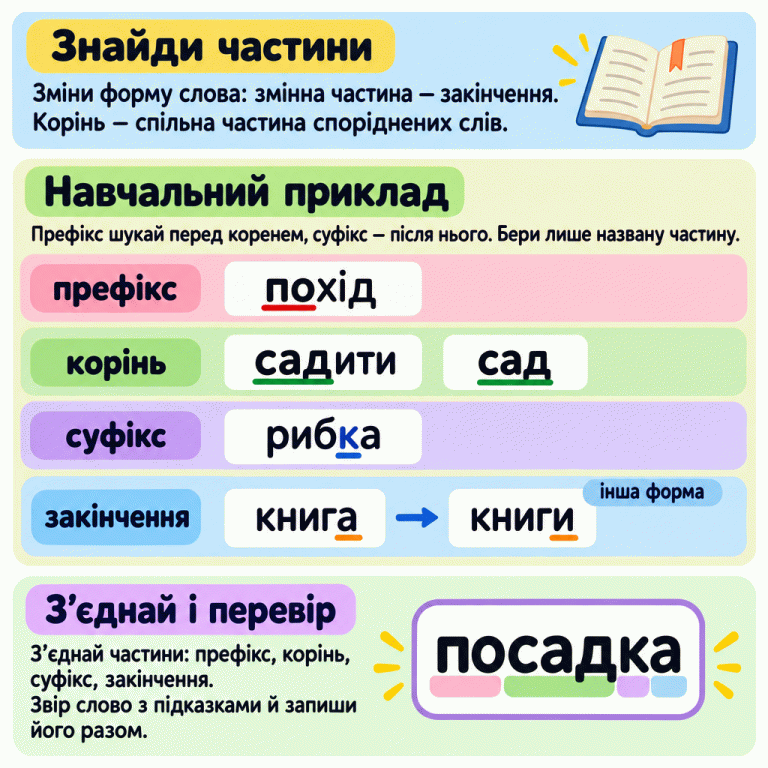 Пам’ятка про складання слова з морфем. У навчальному прикладі виділено «по» у слові «похід», спільний корінь «сад» у словах «садити» й «сад», суфікс «к» у слові «рибка» та закінчення «а» у слові «книга». Інша форма «книги» показує зміну закінчення. Відібрані частини поєднано в слово «посадка». Знайди частини: Зміни форму слова: змінна частина — закінчення. Корінь — спільна частина споріднених слів. Навчальний приклад: Префікс шукай перед коренем, суфікс — після нього. Бери лише названу частину. З’єднай і перевір: З’єднай частини: префікс, корінь, суфікс, закінчення. Звір слово з підказками й запиши його разом. префікс корінь суфікс закінчення похід садити сад рибка книга книги інша форма посадка