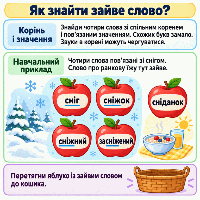 Картка пояснює пошук зайвого слова за значенням і коренем. У навчальному прикладі слова «сніг», «сніжок», «сніжний», «засніжений» утворюють родину, а «сніданок» називає ранкову їжу й не належить до неї. Підкреслення коренів показують чергування г і ж. Кошик нагадує, куди перетягнути вибране яблуко. Як знайти зайве слово? Корінь і значення: Знайди чотири слова зі спільним коренем і пов’язаним значенням. Схожих букв замало. Звуки в корені можуть чергуватися. Навчальний приклад: Чотири слова пов’язані зі снігом. Слово про ранкову їжу тут зайве. Перетягни яблуко із зайвим словом до кошика. сніг сніжок сніжний засніжений сніданок