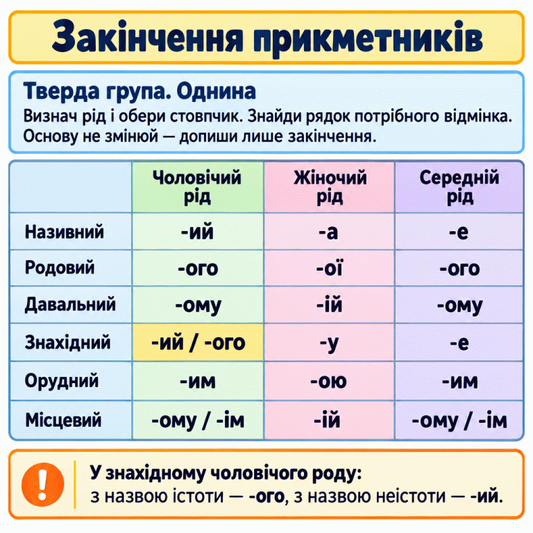 Пам’ятка для прикметників твердої групи в однині. Обери стовпчик роду й рядок відмінка, збережи основу та допиши закінчення. Для чоловічого, жіночого, середнього роду відповідно: називний — -ий, -а, -е; родовий — -ого, -ої, -ого; давальний — -ому, -ій, -ому; знахідний — -ий або -ого, -у, -е; орудний — -им, -ою, -им; місцевий — -ому або -ім, -ій, -ому або -ім. У знахідному чоловічого роду -ого вживаємо з назвою істоти, -ий — з назвою неістоти. Закінчення прикметників Тверда група. Однина: Визнач рід і обери стовпчик. Знайди рядок потрібного відмінка. Основу не змінюй — допиши лише закінчення. У знахідному чоловічого роду: з назвою істоти — -ого, з назвою неістоти — -ий. Чоловічий
рід Жіночий
рід Середній
рід Називний Родовий Давальний Знахідний Орудний Місцевий -ий
-ого
-ому
-ий / -ого
-им
-ому / -ім -а
-ої
-ій
-у
-ою
-ій -е
-ого
-ому
-е
-им
-ому / -ім !
