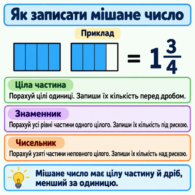Навчальний приклад: одна ціла одиниця та три чверті ще однієї. Кожну одиницю поділено на чотири рівні частини. Перша зафарбована повністю, у другій зафарбовано три частини. Поруч записано мішане число: один перед дробом, три над рискою, чотири під нею. Пояснення навчає рахувати цілі одиниці для цілої частини, усі рівні частини одного цілого для знаменника та взяті частини неповного цілого для чисельника. Як записати мішане число Ціла частина: Порахуй цілі одиниці. Запиши їх кількість перед дробом. Знаменник: Порахуй усі рівні частини одного цілого. Запиши їх кількість під рискою. Чисельник: Порахуй узяті частини неповного цілого. Запиши їх кількість над рискою. Мішане число має цілу частину й дріб, менший за одиницю. Приклад = 1 3 4