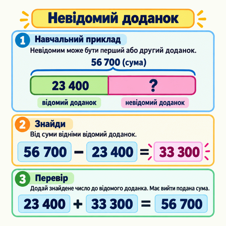 Навчальний приклад пошуку невідомого доданка. Сума 56 700 показана як ціле з двох частин: відомого доданка 23 400 та невідомого. Від суми віднімаємо відомий доданок: 56 700 − 23 400 = 33 300. Перевіряємо додаванням: 23 400 + 33 300 = 56 700. Цей спосіб підходить і для першого, і для другого невідомого доданка. Невідомий доданок Навчальний приклад: Невідомим може бути перший або другий доданок. Знайди: Від суми відніми відомий доданок. Перевір: Додай знайдене число до відомого доданка. Має вийти подана сума. сума відомий доданок невідомий доданок 56 700 23 400 ? 33 300 − = + 1 ( ) 2 3