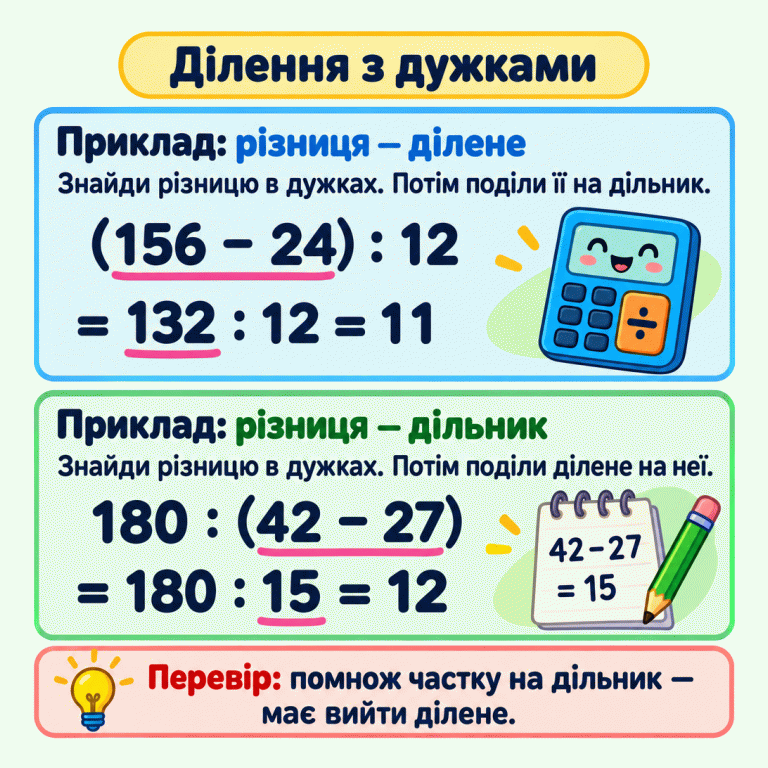 Два навчальні приклади пояснюють порядок дій: спочатку знайди різницю в дужках, потім виконай ділення. Різниця є діленим: (156 − 24) : 12 = 132 : 12 = 11. Різниця є дільником: 180 : (42 − 27) = 180 : 15 = 12. Для перевірки помнож частку на дільник — має вийти ділене. Ділення з дужками Приклад: різниця — ділене: Знайди різницю в дужках. Потім поділи її на дільник. Приклад: різниця — дільник: Знайди різницю в дужках. Потім поділи ділене на неї. Перевір: помнож частку на дільник — має вийти ділене. (156 − 24) : 12 = 132 : 12 = 11 180 : (42 − 27) = 180 : 15 = 12 ÷ 42 − 27
= 15