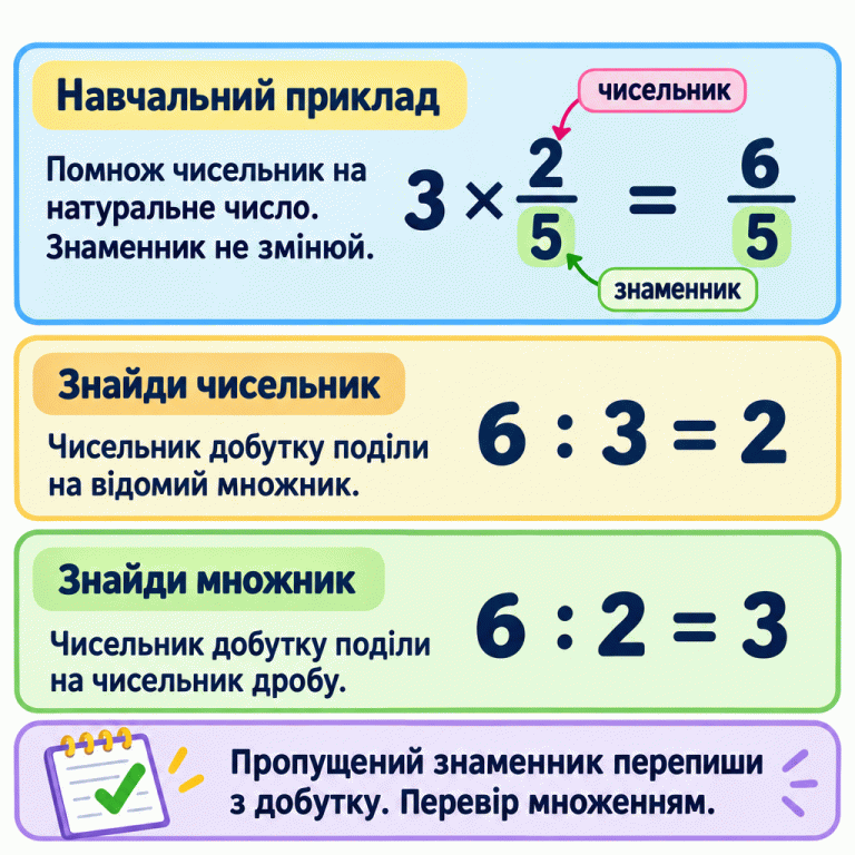 Навчальна картка про доповнення множення дробу на натуральне число. У прикладі три помножити на дві п’ятих дорівнює шести п’ятим: множимо чисельник, а знаменник не змінюємо. Діленням шести на три знаходимо чисельник два, а діленням шести на два — натуральний множник три. Пропущений знаменник беремо з добутку й перевіряємо рівність множенням. Навчальний приклад: Помнож чисельник на натуральне число. Знаменник не змінюй. Знайди чисельник: Чисельник добутку поділи на відомий множник. Знайди множник: Чисельник добутку поділи на чисельник дробу. Пропущений знаменник перепиши з добутку. Перевір множенням. 3 2 5 6 × : = чисельник знаменник ✓