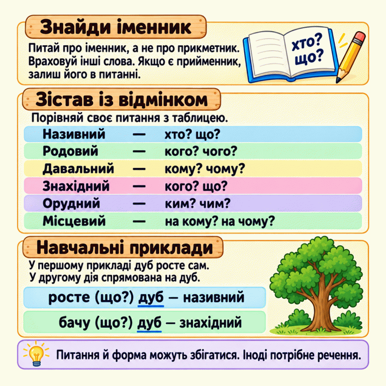 Знайди іменник, а не прикметник, і постав до нього питання. Враховуй інші слова та зберігай прийменник у питанні. Називний: хто? що? Родовий: кого? чого? Давальний: кому? чому? Знахідний: кого? що? Орудний: ким? чим? Місцевий: на кому? на чому? Навчальні приклади: росте, що, дуб — називний; бачу, що, дуб — знахідний. У першому дуб росте сам, у другому дія спрямована на дуб. Однакові питання й форми можуть відповідати різним відмінкам. Іноді для точного визначення потрібне речення. Знайди іменник: Питай про іменник, а не про прикметник. Враховуй інші слова. Якщо є прийменник, залиш його в питанні. Зістав із відмінком: Порівняй своє питання з таблицею. Навчальні приклади: У першому прикладі дуб росте сам. У другому дія спрямована на дуб. Питання й форма можуть збігатися. Іноді потрібне речення. Називний — хто? що? Родовий — кого? чого? Давальний — кому? чому? Знахідний — кого? що? Орудний — ким? чим? Місцевий — на кому? на чому? росте (що?) дуб — називний бачу (що?) дуб — знахідний хто? що?