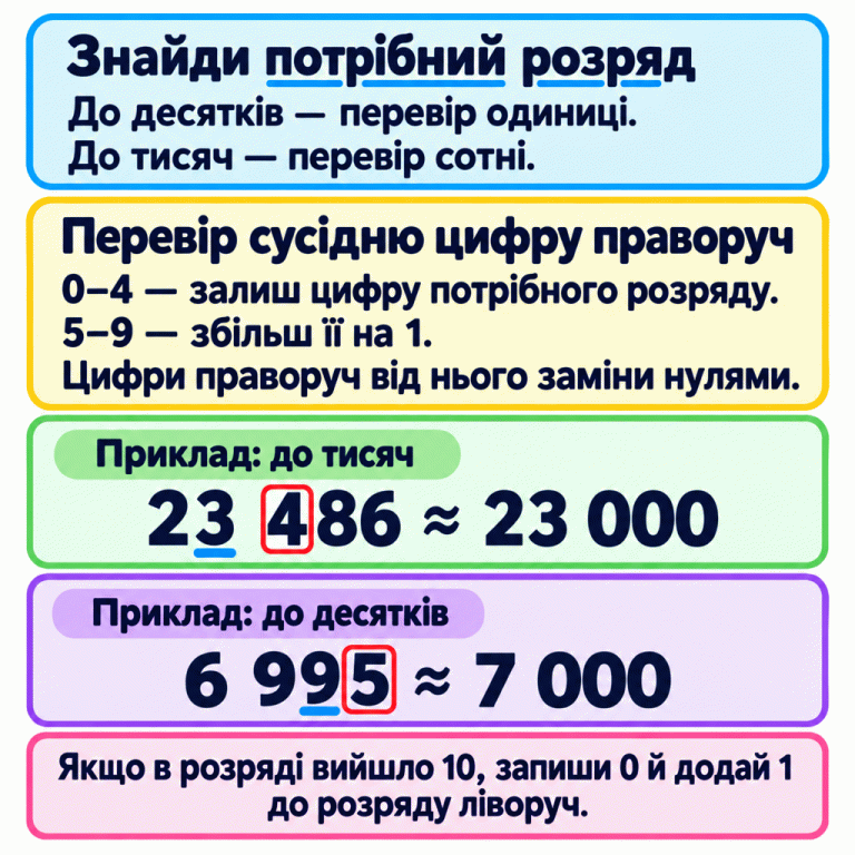 Правило округлення до десятків і тисяч. Для десятків перевір одиниці, для тисяч — сотні. За цифри 0–4 залиш цифру потрібного розряду, за 5–9 — збільш її на 1. Цифри праворуч заміни нулями. Навчальний приклад до тисяч: 23 486 ≈ 23 000, бо в сотнях 4. Навчальний приклад до десятків: 6 995 ≈ 7 000, бо в одиницях 5. Тут перенесення проходить через дві дев’ятки. Якщо в розряді утворюється 10, запиши 0 й додай 1 до розряду ліворуч. Знайди потрібний розряд: До десятків — перевір одиниці.
До тисяч — перевір сотні. Перевір сусідню цифру праворуч: 0–4 — залиш цифру потрібного розряду.
5–9 — збільш її на 1.
Цифри праворуч від нього заміни нулями. Якщо в розряді вийшло 10, запиши 0 й додай 1 до розряду ліворуч. Приклад: до тисяч 23 486 ≈ 23 000 Приклад: до десятків 6 995 ≈ 7 000