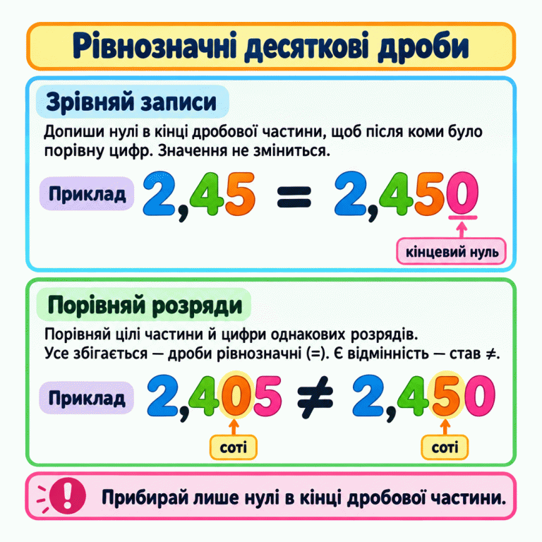 Два навчальні приклади. 2,45 = 2,450: кінцевий нуль після коми не змінює значення. 2,405 ≠ 2,450: цифри сотих — 0 і 5 — різні. Щоб перевірити рівнозначність, зрівняй кількість цифр після коми кінцевими нулями й порівняй цілі частини та всі відповідні розряди. Прибирай лише нулі в кінці дробової частини. Рівнозначні десяткові дроби Зрівняй записи: Допиши нулі в кінці дробової частини, щоб після коми було порівну цифр. Значення не зміниться. Порівняй розряди: Порівняй цілі частини й цифри однакових розрядів. Усе збігається — дроби рівнозначні (=). Є відмінність — став ≠. Прибирай лише нулі в кінці дробової частини. Приклад 2,45 = 2,450 кінцевий нуль 2,405 ≠ соті !
