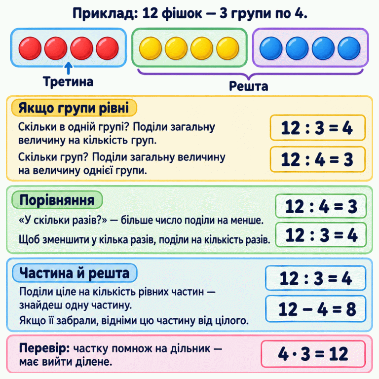 Навчальний приклад: 12 фішок утворюють 3 рівні групи по 4. Одна група — третина, дві інші — решта. Величину однієї групи знаходять діленням 12 на 3, отримують 4. Кількість груп знаходять діленням 12 на 4, отримують 3. Так само 12 у 3 рази більше за 4, а число, у 3 рази менше за 12, дорівнює 4. Щоб знайти одну рівну частину, ціле ділять на кількість рівних частин. Після вилучення третини залишається 12 мінус 4, тобто 8 фішок. Перевірка ділення: 4 помножити на 3 дорівнює 12. Якщо групи рівні: Скільки в одній групі? Поділи загальну величину на кількість груп.
Скільки груп? Поділи загальну величину на величину однієї групи. Порівняння: «У скільки разів?» — більше число поділи на менше.
Щоб зменшити у кілька разів, поділи на кількість разів. Частина й решта: Поділи ціле на кількість рівних частин — знайдеш одну частину.
Якщо її забрали, відніми цю частину від цілого. Перевір: частку помнож на дільник — має вийти ділене. Приклад: 12 фішок — 3 групи по 4. Третина Решта 12 : 3 = 4 12 : 4 = 3 12 − 4 = 8 4 · 3 = 12