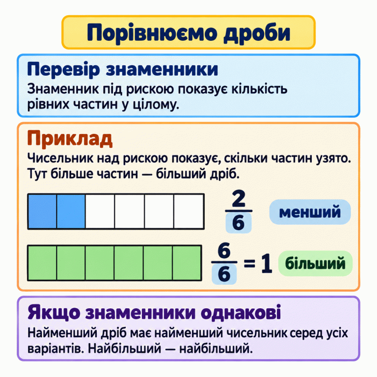 Пояснення порівняння дробів з однаковими знаменниками. У навчальному прикладі дві рівні смужки поділено на шість рівних частин. В одній узято дві частини, в іншій — усі шість. Дві шостих менші за шість шостих; шість шостих дорівнюють одному цілому. За однакових знаменників найменший дріб має найменший чисельник серед усіх варіантів, а найбільший — найбільший. Порівнюємо дроби Перевір знаменники: Знаменник під рискою показує кількість рівних частин у цілому. Приклад: Чисельник над рискою показує, скільки частин узято. Тут більше частин — більший дріб. Якщо знаменники однакові: Найменший дріб має найменший чисельник серед усіх варіантів. Найбільший — найбільший. 2 6 = 1 менший більший