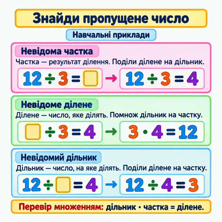 Навчальна картка про знаходження невідомих компонентів ділення. У прикладах використано числа 12, 3 і 4; порожній квадрат означає пропущене число. Невідома частка: 12 ÷ 3 = □, обчислення 12 ÷ 3 = 4. Невідоме ділене: □ ÷ 3 = 4, обчислення 3 · 4 = 12. Невідомий дільник: 12 ÷ □ = 4, обчислення 12 ÷ 4 = 3. Біля кожного прикладу пояснено роль компонента та правило його знаходження. Унизу нагадування: дільник, помножений на частку, дорівнює діленому. Знайди пропущене число Невідома частка: Частка — результат ділення. Поділи ділене на дільник. Невідоме ділене: Ділене — число, яке ділять. Помнож дільник на частку. Невідомий дільник: Дільник — число, на яке ділять. Поділи ділене на частку. Перевір множенням: дільник · частка = ділене. Навчальні приклади 12 ÷ 3 = □ 12 ÷ 3 = 4 □ ÷ 3 = 4 3 · 4 = 12 12 ÷ □ = 4 12 ÷ 4 = 3 →