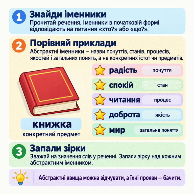 Картка пояснює, як знаходити абстрактні іменники. Спочатку прочитай речення й знайди іменники за питаннями «хто?» або «що?» до початкової форми. У навчальних прикладах книжка — конкретний предмет; радість — почуття, спокій — стан, читання — процес, доброта — якість, мир — загальне поняття. Абстрактні приклади позначені зірочками. У своєму реченні врахуй значення слів і познач кожний абстрактний іменник. Абстрактні явища можна відчувати, а їхні прояви — бачити. Знайди іменники: Прочитай речення. Іменники в початковій формі відповідають на питання «хто?» або «що?». Порівняй приклади: Абстрактні іменники — назви почуттів, станів, процесів, якостей і загальних понять, а не конкретних істот чи предметів. Запали зірки: Зважай на значення слів у реченні. Запали зірку над кожним абстрактним іменником. Абстрактні явища можна відчувати, а їхні прояви — бачити. книжка конкретний предмет радість почуття спокій стан читання процес доброта якість мир загальне поняття 1 2 3