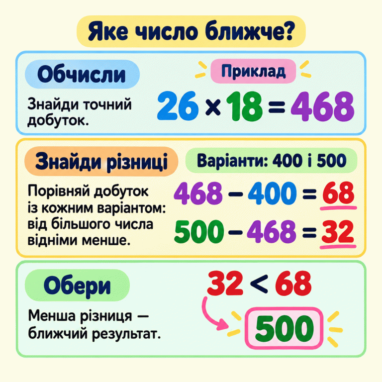 Картка пояснює, як обрати найближче до добутку число: обчислити точний добуток, знайти різницю з кожним варіантом і порівняти різниці. У навчальному прикладі 26 × 18 = 468. Запропоновано 400 і 500. Різниці становлять 68 і 32. Оскільки 32 менше за 68, у цьому прикладі ближчим є 500. Яке число ближче? Обчисли: Знайди точний добуток. Знайди різниці: Порівняй добуток із кожним варіантом: від більшого числа відніми менше. Обери: Менша різниця — ближчий результат. Приклад 26 × 18 = 468 Варіанти: 400 і 500 468 − 400 = 68 500 − 468 = 32 32 < 68 500