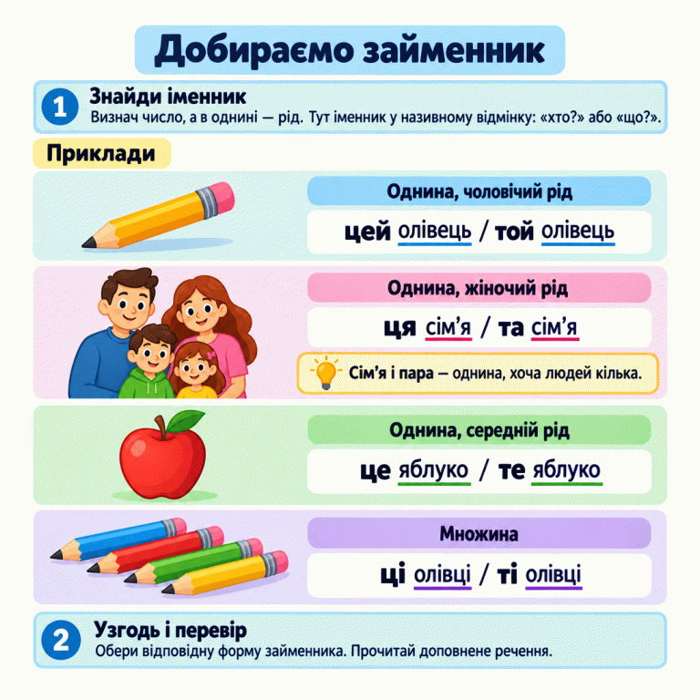 Картка пояснює, як узгодити вказівний займенник з іменником у називному відмінку. Спочатку знайди іменник, визнач його число, а в однині — рід. Приклади: цей або той олівець — чоловічий рід однини; ця або та сім’я — жіночий рід однини; це або те яблуко — середній рід однини; ці або ті олівці — множина. Сім’я і пара — однина, хоча людей кілька. Обери відповідну форму й прочитай доповнене речення. Добираємо займенник Знайди іменник: Визнач число, а в однині — рід. Тут іменник у називному відмінку: «хто?» або «що?». Узгодь і перевір: Обери відповідну форму займенника. Прочитай доповнене речення. Сім’я і пара — однина, хоча людей кілька. Приклади Однина, чоловічий рід цей олівець / той олівець Однина, жіночий рід ця сім’я / та сім’я Однина, середній рід це яблуко / те яблуко Множина ці олівці / ті олівці 1 2