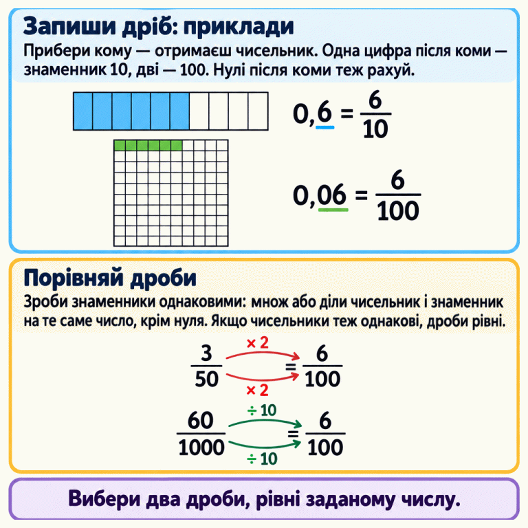 Картка пояснює пошук звичайних дробів, рівних десятковому. Одна цифра після коми означає знаменник 10, дві — 100; нулі після коми теж враховують. У навчальних прикладах 0,6 = 6/10 показано шість із десяти рівних частин, а 0,06 = 6/100 — шість зі ста. Дріб 3/50 перетворюють на 6/100 множенням чисельника й знаменника на 2, а 60/1000 — діленням обох чисел на 10. За однакових знаменників порівнюють чисельники й вибирають два дроби, рівні заданому числу. Запиши дріб: приклади: Прибери кому — отримаєш чисельник. Одна цифра після коми — знаменник 10, дві — 100. Нулі після коми теж рахуй. Порівняй дроби: Зроби знаменники однаковими: множ або діли чисельник і знаменник на те саме число, крім нуля. Якщо чисельники теж однакові, дроби рівні. Вибери два дроби, рівні заданому числу. 0,6 = 6/10 0,06 = 6/100 3/50 = 6/100 60/1000 = 6/100 × 2 ÷ 10