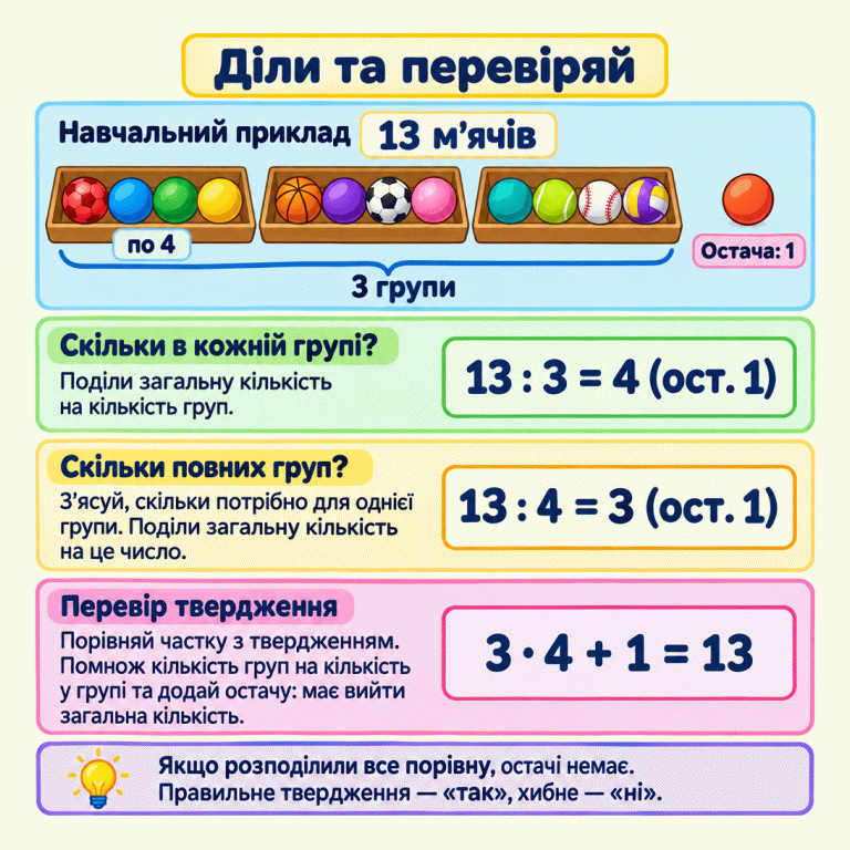 Навчальний приклад із 13 м’ячами: у трьох групах по чотири м’ячі, один м’яч залишився. Якщо 13 поділити на 3, у кожній групі буде 4 м’ячі й остача 1. Якщо 13 поділити на 4, отримаємо 3 повні групи й остачу 1. Перевірка: 3 помножити на 4 та додати 1 — отримаємо 13. Частку потрібно порівняти з твердженням. Якщо всі предмети розподілили порівну, остачі немає. Для правильного твердження обираємо «так», для хибного — «ні». Діли та перевіряй Скільки в кожній групі?: Поділи загальну кількість на кількість груп. Скільки повних груп?: З’ясуй, скільки потрібно для однієї групи. Поділи загальну кількість на це число. Перевір твердження: Порівняй частку з твердженням. Помнож кількість груп на кількість у групі та додай остачу: має вийти загальна кількість. Якщо розподілили все порівну, остачі немає. Правильне твердження — «так», хибне — «ні». Навчальний приклад 13 м’ячів 3 групи по 4 Остача: 1 13 : 3 = 4 (ост. 1) 13 : 4 = 3 (ост. 1) 3 · 4 + 1 = 13