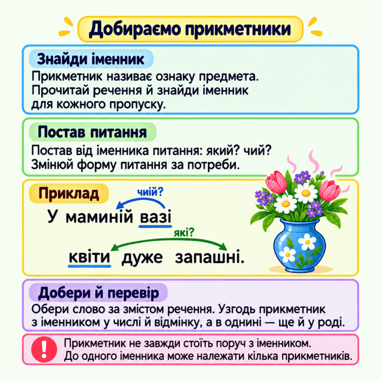 Пам’ятка вчить знаходити іменник для кожного пропуску, ставити від нього питання й добирати прикметник за змістом. Біля вази з квітами наведено приклад: «У маминій вазі квіти дуже запашні.» Показано зв’язки «вазі — чиїй? — маминій» і «квіти — які? — запашні». Прикметник узгоджують з іменником у числі й відмінку, а в однині також у роді. Він не завжди стоїть поруч з іменником; до одного іменника може належати кілька прикметників. Добираємо прикметники Знайди іменник: Прикметник називає ознаку предмета. Прочитай речення й знайди іменник для кожного пропуску. Постав питання: Постав від іменника питання: який? чий? Змінюй форму питання за потреби. Добери й перевір: Обери слово за змістом речення. Узгодь прикметник з іменником у числі й відмінку, а в однині — ще й у роді. Прикметник не завжди стоїть поруч з іменником. До одного іменника може належати кілька прикметників. Приклад У маминій вазі квіти дуже запашні. чиїй? які? !