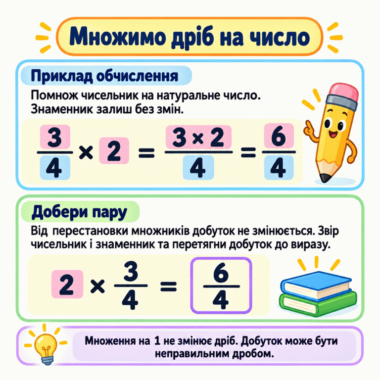 Навчальний приклад множення дробу на натуральне число: 3/4 × 2 = (3 × 2)/4 = 6/4. Множимо чисельник, а знаменник залишаємо без змін. Переставлення множників дає той самий результат: 2 × 3/4 = 6/4. Для добору картки звіряємо чисельник і знаменник. Множення на 1 не змінює дріб; добуток може бути неправильним дробом. Множимо дріб на число Приклад обчислення: Помнож чисельник на натуральне число. Знаменник залиш без змін. Добери пару: Від перестановки множників добуток не змінюється. Звір чисельник і знаменник та перетягни добуток до виразу. Множення на 1 не змінює дріб. Добуток може бути неправильним дробом. 3 4 2 6 × =