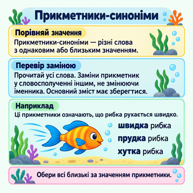 Прикметники-синоніми мають однакове або близьке значення. Біля рибки наведено навчальний приклад: швидка рибка, прудка рибка, хутка рибка. Іменник залишається тим самим, а прикметники описують швидкий рух. Щоб перевірити близькість значень, заміни прикметник у словосполученні та порівняй основний зміст. Прикметники-синоніми Порівняй значення: Прикметники-синоніми — різні слова з однаковим або близьким значенням. Перевір заміною: Прочитай усі слова. Заміни прикметник у словосполученні іншим, не змінюючи іменника. Основний зміст має зберегтися. Наприклад: Ці прикметники означають, що рибка рухається швидко. Обери всі близькі за значенням прикметники. швидка рибка прудка рибка хутка рибка
