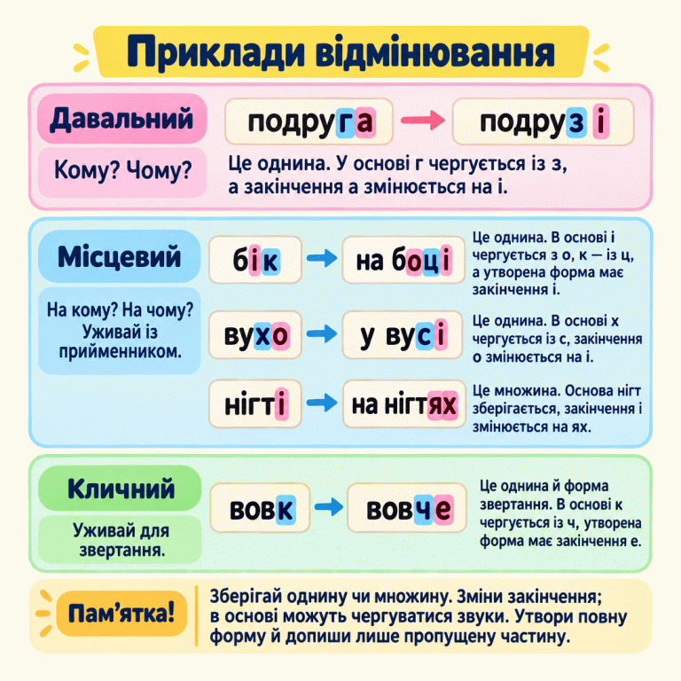 Навчальні приклади відмінювання. Давальний: кому? чому? Подруга — подрузі. Місцевий: на кому? на чому? Уживається з прийменником. Бік — на боці, вухо — у вусі, нігті — на нігтях. Кличний уживається для звертання: вовк — вовче. У словах виділено зміни основи й закінчень. Потрібно зберігати однину чи множину, утворити повну форму та дописати лише пропущену частину. Приклади відмінювання Давальний: Кому? Чому? Місцевий: На кому? На чому? Уживай із прийменником. Кличний: Уживай для звертання. Зберігай однину чи множину. Зміни закінчення; в основі можуть чергуватися звуки. Утвори повну форму й допиши лише пропущену частину. подруга подрузі бік на боці вухо у вусі нігті на нігтях вовк вовче Це однина. У основі г чергується із з, а закінчення а змінюється на і. Це однина. В основі і чергується з о, к — із ц, а утворена форма має закінчення і. Це однина. В основі х чергується із с, закінчення о змінюється на і. Це множина. Основа нігт зберігається, закінчення і змінюється на ях. Це однина й форма звертання. В основі к чергується із ч, утворена форма має закінчення е. Пам’ятка!