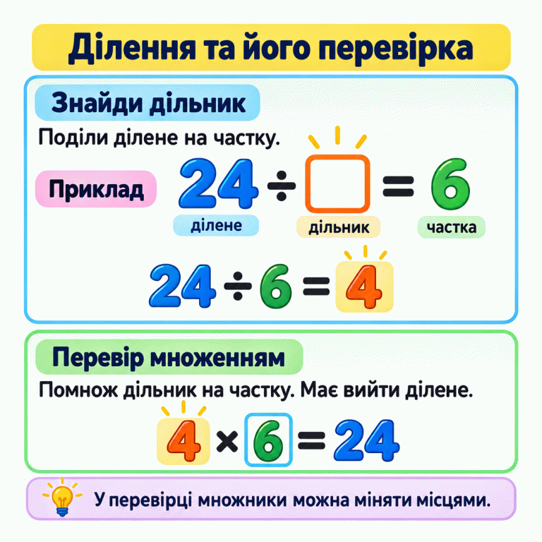 Навчальний приклад: 24 ÷ □ = 6. Підписано ділене, невідомий дільник і частку. Дільник знаходять так: 24 ÷ 6 = 4. Перевірка: 4 × 6 = 24; число 6 у рамці показує заповнений пропуск. У перевірці множники можна міняти місцями. Ділення та його перевірка Знайди дільник: Поділи ділене на частку. Перевір множенням: Помнож дільник на частку. Має вийти ділене. У перевірці множники можна міняти місцями. Приклад 24 ÷ □ = 6 ділене дільник частка 24 ÷ 6 = 4 4 × 6 = 24