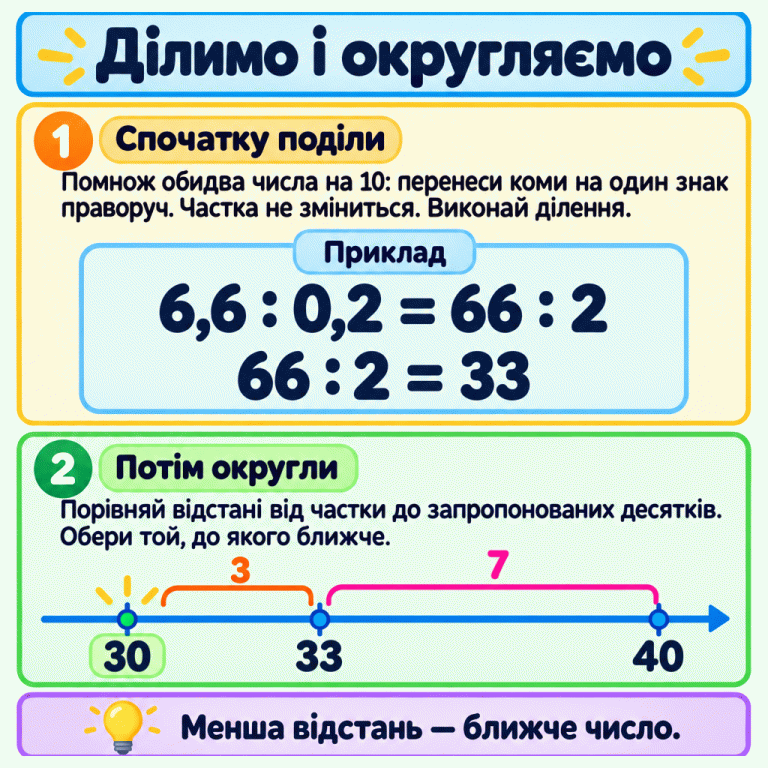 Спочатку помнож обидва числа на 10 і поділи. Приклад: 6,6 : 0,2 = 66 : 2 = 33. Потім порівняй відстані до запропонованих десятків. На шкалі від 30 до 33 — 3, а від 33 до 40 — 7. Отже, у цьому прикладі 33 ближче до 30. Ділимо і округляємо Спочатку поділи: Помнож обидва числа на 10: перенеси коми на один знак праворуч. Частка не зміниться. Виконай ділення. Потім округли: Порівняй відстані від частки до запропонованих десятків. Обери той, до якого ближче. Менша відстань — ближче число. Приклад 6,6 : 0,2 = 66 : 2 66 : 2 = 33 30 33 40 3 7 1 2
