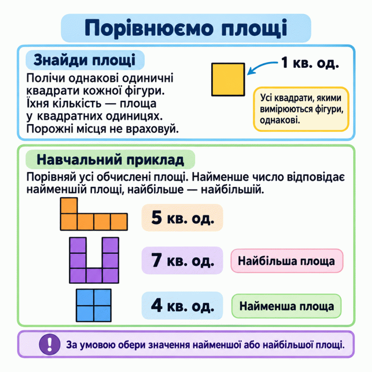 Площі визначають підрахунком однакових одиничних квадратів. Окремий квадрат показує одну квадратну одиницю й не входить до набору для порівняння. У навчальному прикладі три фігури мають площі 5, 7 і 4 квадратні одиниці. Порожню виїмку не враховують. Найменша площа в цьому прикладі — 4, найбільша — 7 квадратних одиниць. Порівнюємо площі Знайди площі: Полічи однакові одиничні квадрати кожної фігури. Їхня кількість — площа у квадратних одиницях. Порожні місця не враховуй. Навчальний приклад: Порівняй усі обчислені площі. Найменше число відповідає найменшій площі, найбільше — найбільшій. За умовою обери значення найменшої або найбільшої площі. 1 кв. од. 5 кв. од. 7 кв. од. 4 кв. од. Найбільша площа Найменша площа Усі квадрати, якими вимірюються фігури, однакові. !
