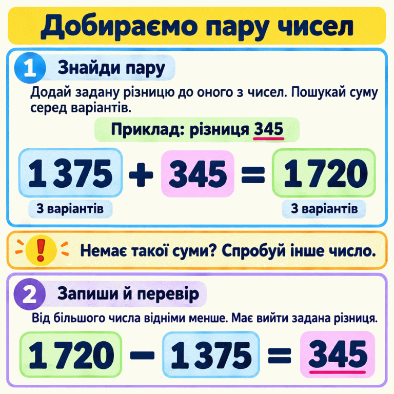Навчальний приклад: потрібна різниця 345. До 1 375 додаємо 345 й отримуємо 1 720. Обидва числа є серед варіантів цього прикладу. Від більшого числа віднімаємо менше: 1 720 − 1 375 = 345. Якщо потрібної суми немає серед варіантів, пробуємо інше число. Добираємо пару чисел Знайди пару: Додай задану різницю до одного з чисел. Пошукай суму серед варіантів. Запиши й перевір: Від більшого числа відніми менше. Має вийти задана різниця. Немає такої суми? Спробуй інше число. Приклад: різниця 345 1 375 + 345 = 1 720 З варіантів 1 720 − 1 375 = 345 1 ! 2