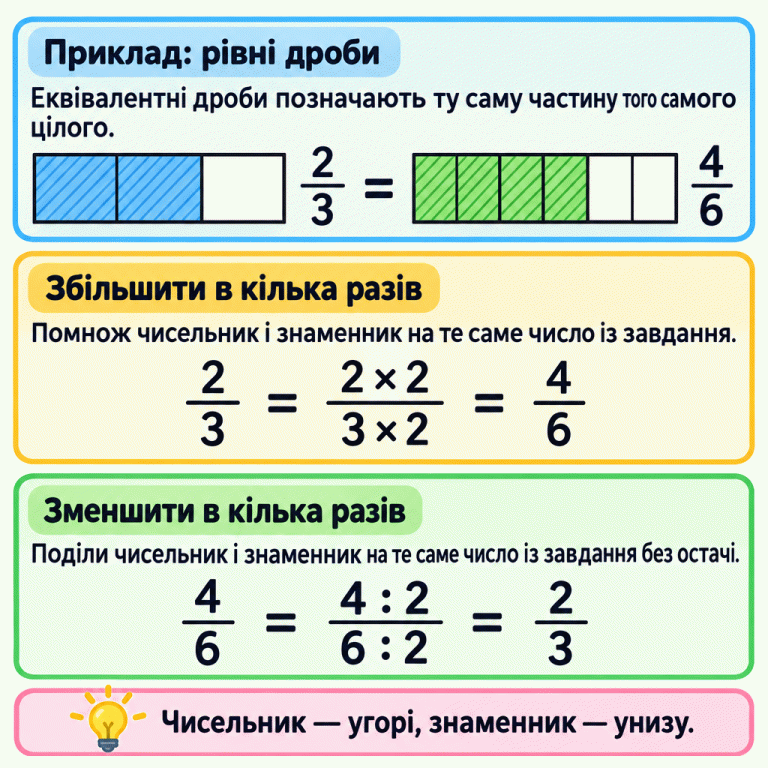Дві однакові смужки показують рівні дроби 2/3 і 4/6: позначено 2 з 3 та 4 з 6 рівних частин. Це та сама частина цілого. У навчальному прикладі чисельник і знаменник множать на 2, а зворотно — ділять на 2. Для свого завдання потрібно брати вказане в ньому число. Чисельник записують угорі, знаменник — унизу. Приклад: рівні дроби: Еквівалентні дроби позначають ту саму частину того самого цілого. Збільшити в кілька разів: Помнож чисельник і знаменник на те саме число із завдання. Зменшити в кілька разів: Поділи чисельник і знаменник на те саме число із завдання без остачі. Чисельник — угорі, знаменник — унизу. 2/3 4/6 = 2 × 2 3 × 2 4 : 2 6 : 2