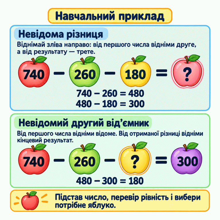 Один навчальний приклад показано у двох випадках. Щоб знайти результат 740 − 260 − 180, спочатку обчислюють 740 − 260 = 480, потім 480 − 180 = 300. Якщо пропущено другий від’ємник у рівності 740 − 260 − ? = 300, обчислюють 480 − 300 = 180. Знайдене число підставляють у рівність для перевірки та вибирають яблуко з цим числом. Навчальний приклад Невідома різниця: Віднімай зліва направо: від першого числа відніми друге, а від результату — третє. Невідомий другий від’ємник: Від першого числа відніми відоме. Від отриманої різниці відніми кінцевий результат. Підстав число, перевір рівність і вибери потрібне яблуко. 740 260 180 480 300 ? − =