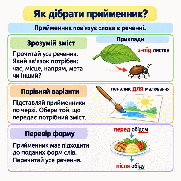 Картка навчає дібрати прийменник: зрозуміти зв’язок у реченні, порівняти варіанти й перевірити форми слів. У прикладах жук виходить з-під листка, пензлик призначений для малювання, а подія обіду розділяє «перед обідом» і «після обіду». Підкреслені закінчення показують різні форми слова. Як дібрати прийменник? Зрозумій зміст: Прочитай усе речення. Який зв’язок потрібен: час, місце, напрям, мета чи інший? Порівняй варіанти: Підставляй прийменники по черзі. Обери той, що передає потрібний зміст. Перевір форму: Прийменник має підходити до поданих форм слів. Перечитай усе речення. Прийменник пов’язує слова в реченні. Приклади з-під листка пензлик для малювання перед обідом після обіду
